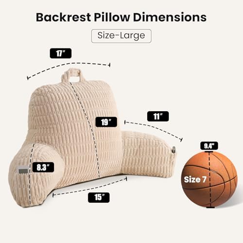 Large Reading Pillow for Sitting Up with Arms,White Corduroy