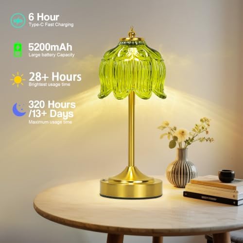 Cordless Table Lamp, Rechargeable Green Glass Lotus Flower Lamp