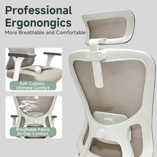 Monhey Office Chair, Ergonomic Office Chair, Home Office Desk Chair for Big and Tall People, Computer Chair with Adjustable Headrest, Lumbar Support, Flip-Up Arms, PU Wheels (03khaki)