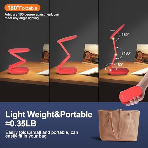 Akejrym LED Desk Lamp for Office Home & Battery Operated Lamp Rechargeable Lamp Foldable & Portable Light, [2-Fold Bracket] 3 Brightness Dimmable Small Desk Lamp Wireless Reading Lamp (Bright Pink)