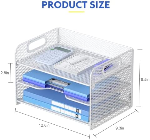 Samstar 3 Tier White Letter Tray Paper Organizer with Handle, Mesh Desk Organizer Paper Sorter File Rack Shelves, White