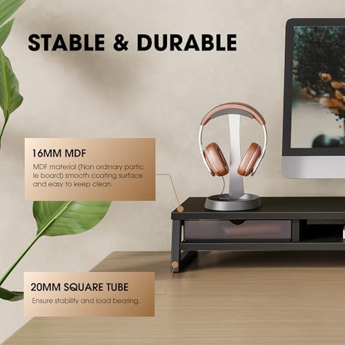 Fenge Dual Monitor Stand Riser, 42.5in Desk Shelf with 2 Drawers, Black