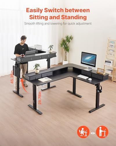 VEVOR 63'' Electric L Shaped Standing Desk, 3 Memory Height, 2-Tier Corner Table with 4 Drawers Storage, 2 Hooks & Cable Hole, Heavy Duty Carbon Steel Sit Stand Computer Workstation, Easy to Assemble