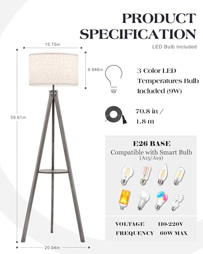 ELYONA Farmhouse Wood Tripod Floor Lamp with Table, Modern Reading Standing Lamp with 3 Color Temperatures LED Blub & Linen Shade, Shlef Coner Light for Living Room, Bedroom, Study Room, Office, Grey