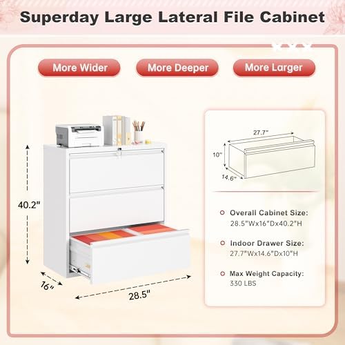 Superday Lateral File Cabinet 3 Drawer Metal File Cabinet with Lock, White Filing Cabinets for Home Office, Locking Filing Cabinets Hanging Files Letter/Legal/F4/A4