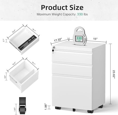 Bonusall 【Fully Assembled 3 Drawer White File Cabinet, Fully Assembled Metal Rolling Filing Cabinet with Lock, Under Desk Drawer Filing Cabinets for Home Office Fit A4/Letter/Legal