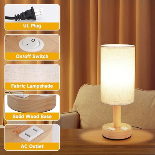 Small Bedside Table Lamp with AC Outlet,Natural Round Wood Base&Fabric Linen Shade,Cozy Night Table Light for Study Reading,Minimalist Boho Desk Lamp for Nightstand,Living Room,Nursery,Kitchen,Dorm