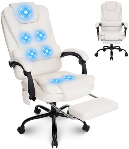 HOFFREE Massage Office Chair with Foot Rest 7 Points Vibration,Beige