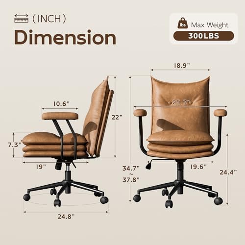 Brown Leather Office Chair with Triple-Layer Seat, Home Desk Chair