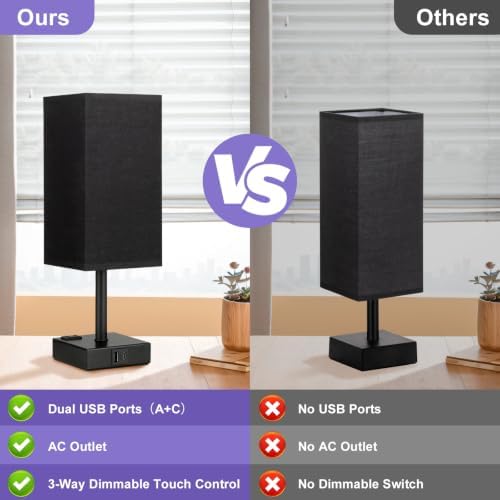 Black Bedside Table Lamp for Bedroom - Dimmable Touch, USB C+A, AC Outlet