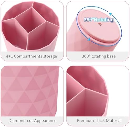 Desk Organizer, 360-Degree Rotating Pencil Pen Holders For Desk, Diamond Pattern Pen Organizer With 5 Compartments, Cute Desk Accessories Decor For Office, School,Home,Art Supply (Pink)