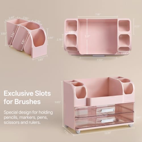 HBlife Desk Organizer with Pencil Pen Holder for Desk, Pen Organizer with 2 Drawers, Desk Organizers and Accessories with Compartments, Desktop Storage for Office, Home, School, Art Supplies, Pink