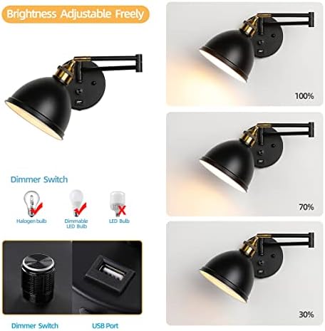 Swing Arm Wall Sconces, Plug-in Wall lamp,Bedroom Wall lamp ， White Fabric Shade，，with dimmable Switch and USB Charging Port, Suitable for Bedside, Living Room, Reading (Metallic Black)