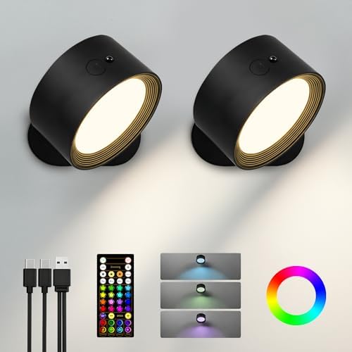 RGB Wall Sconces, Rechargeable Magnetic Lights with Remote, 2 Pack