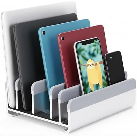 Elestoria 5- Slot Vertical Laptop Stand - Aluminum Laptop Stand Vertical for Desk - Adjustable Width (12-38mm) Fits MacBook Pro/Air, Surface & Gaming Laptops upto 17.3"-Heavy Duty Laptop Holder-Silver