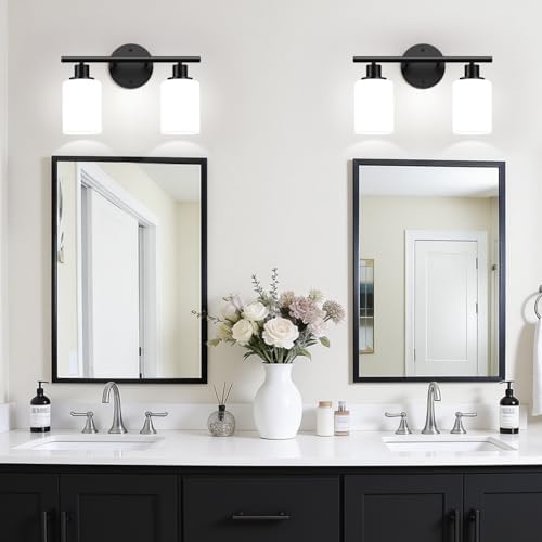 Zarbitta 2-Light Bathroom Light Fixtures,Black Modern Vanity Lights with Milky White Frosted Glass Shades,Bathroom Wall Lamp for Mirror Kitchen Living Room Hallway Cabinet Porch