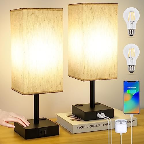 Bedside Table Lamps Set of 2 - Touch Nightstand Lamp for Bedroom with USB C+A Charging Ports & AC Outlets, 3-Way Dimmable Desk Lamp Flaxen Fabric Shade for Living Room Office(Bulb Included)
