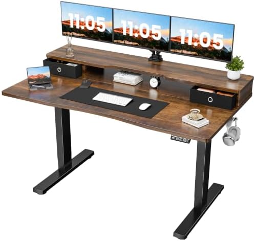 Realbear 60x30 Inch Electric Standing Desk with Drawers, Rustic Walnut