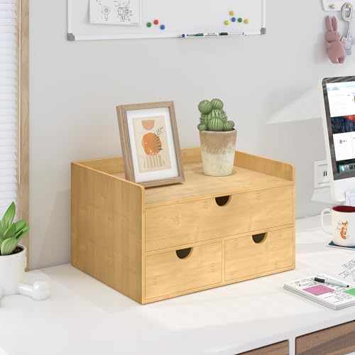Bamboo Desk Drawer Organizer, Large Desktop Organizer with Drawers Tabletop Storage Organization Box for Office Home Toiletries Supplies Vanity, No Assembly Required (3 Drawer with Shelf)