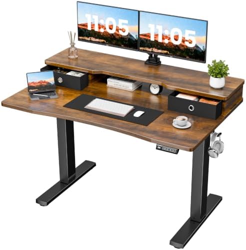 Realbear 48x24 Inch Electric Standing Desk with Drawers, Rustic Walnut
