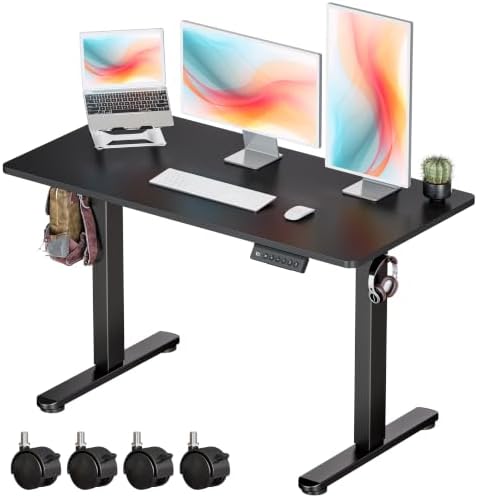 Okin Standing Desk Electric Adjustable Computer Whole Piece Stand up Desk with Wheels Office Gaming Home Office Memory Desks 48x24 inches Black