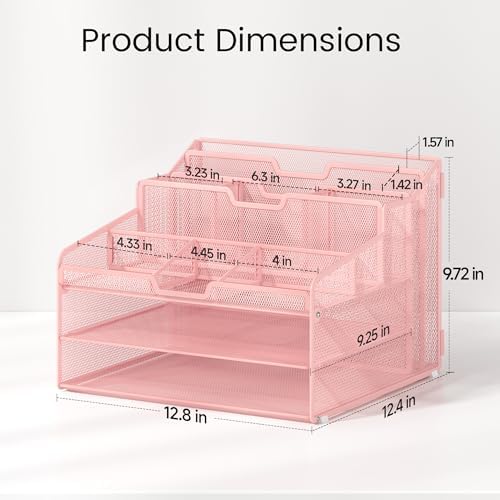 Lavatino Desk Paper File Organizer - Metal Mesh with 2 Letter Trays, 7 Flexible Dividers, 2 Vertical File Folder Holders for Office/Home/Classroom Supplies, Desk Organizers and Accessories, Pink