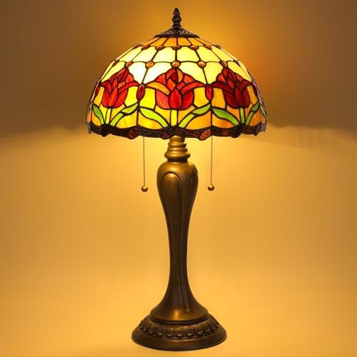 Stained Glass Table Lamp, Red Tulips Style Lampshade Reading Light 12X12X22 Inches, Adjustable 3 Color Temperature Decor for Bedroom Living Room