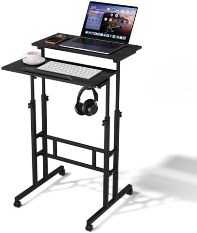 Magshion Rolling Standing Desk with Wheels, Height Adjustable Laptop Desk for Walking Pad, Mobile Workstation with Tilt Top, 28" to 46" Height Range for Home Office & Small Spaces, Black
