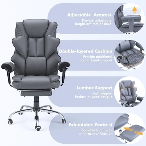 HOMREST 6-Point Massage Executive Chair, Heated Office Chair, Ergonomic Home Office Desk Chairs with Retractable Footrest & Adjustable Armrest, Leather Computer Chair with Reclining Function, Grey