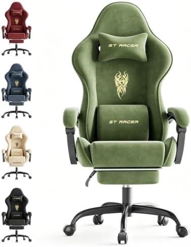 Soontrans Ergonomic Velvet Fabric Gaming Chair with Footrest, Comfortable Video Gamer Chair for Adult, Reclining Office Computer Desk Game Chairs with Massage Lumbar Cushion,Headrest