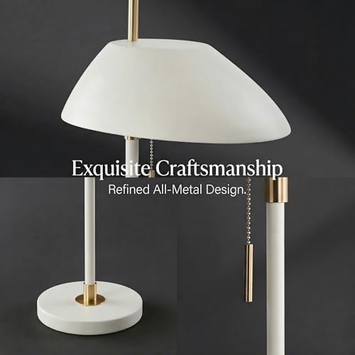 Modern Vintage White Table Lamp, Industrial Minimalist All-Metal Bedside Lamp with Pull Chain Switch, Decorative Nightstand Lamp for Bedroom, Living Room, Office, E26 Bulb Base