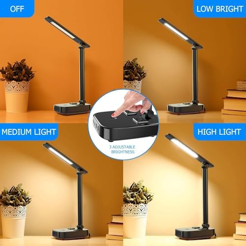 Yostyle LED Desk Lamp with 4 USB Charging Ports and 2 AC Outlets,5ft Extension Cord Power Strip Station, 3 Level Brightness, Touch Dimmer Control, Office Table Eye Care Lamp Bedroom Hotel
