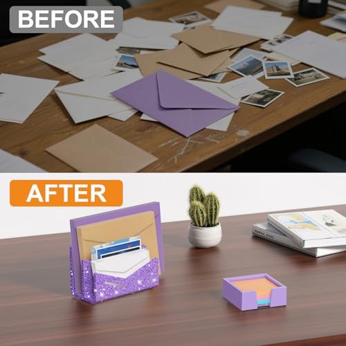 Beego Envelope and Mail Organizer Countertop - 2 Compartments Glitter Purple Acrylic Desk Organizer Letter Holder Desktop File Sorter Bill Document Folder Rack for Office, Home, School