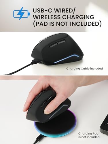 Perixx PERIMICE-715R Cordless Rechargeable Vertical Mouse - Duo Wired and Wireless Charging Feature - 6 Buttons Design - Black - Right-Handed