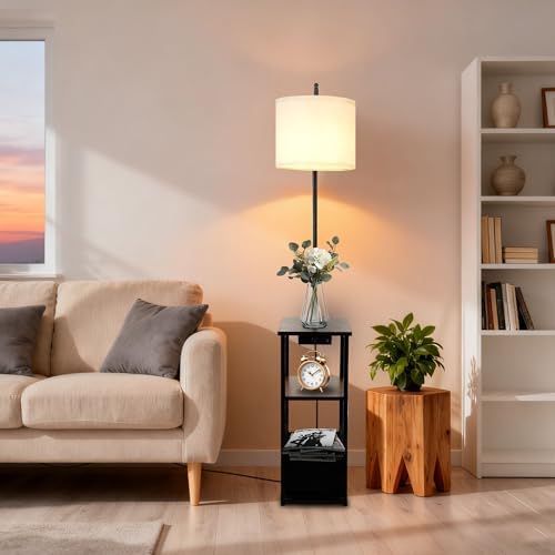 Qupui Floor Lamp with Table, USB Charging, Fabric Basket, Brown