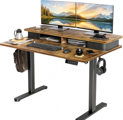 Claiks Standing Desk with Drawers & Monitor Shelf, 48" Rustic Brown