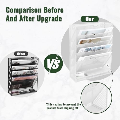 EASEPRES 6 Tier Mesh Hanging Wall File Organizer, Desk Vertical Mail Paper Document Folder Holder Rack with Bottom Tray and Nametag Label for Office Home School, White