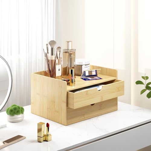 Bamboo Desk Organizer with Drawers, Desktop Storage Box for Office Supplies