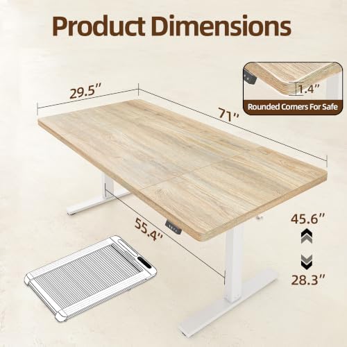 TIQLAB 71 * 30 Extra Deep Standing Desk, Long Electric Adjustable, Maple