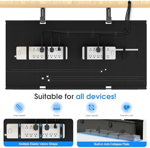 Under Desk Cable Management Tray, 40-inch No-Drill Cord Organizer with Anti-Sag Reinforced Base, Fabric Wire Management Hider for Standing Desk, Office & Gaming Accessories - Black