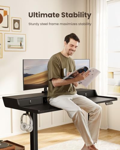 ErGear Electric Standing Desk with Drawers, 48″ x 24″ Gaming Table Compatible Monitor Stand, Stand up Desks, Home Office Height-Adjustable Desk with Storage Shelf, 4 Preset Heights, Black