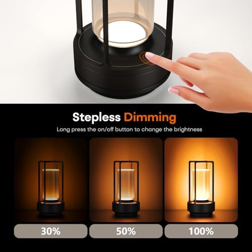 Rechargeable Cordless Small Metal Table Lamp, Stepless Dimming, 3-Color