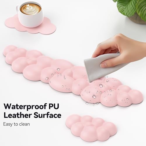 TECKNET Cloud Keyboard Wrist Rest Set, Cloud Wrist Rest with Non-Slip Base, PU Leather Wrist Pad for Keyboard with Ergonomic Memory Foam for Computer Laptop Office Gaming and Pain Relief, Light Pink