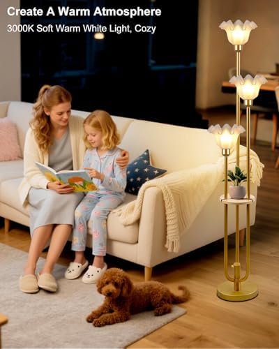 3-Flower Floor Lamp with Table Dimmable Gold Floral Floor Lamps