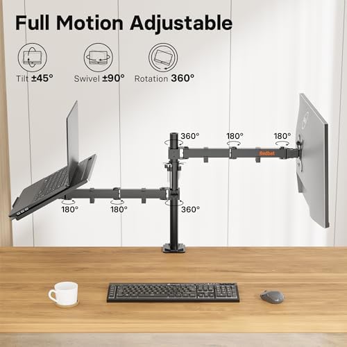 Redbat Monitor and Laptop Mount Stand, Fully Adjustable Monitor Arm with Vented Tray for 13" to 32" LCD Screens and Notebook up to 16", Holds up to 22lbs, VESA Compatible, Dual Mounting Options