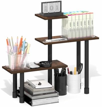 Furinno Turn-N-Tube Desk Organizers and Accessories, 3-Tier Desktop Organizer, Adjustable Desk Shelf, for Home Office, Study Room, Dorm Room, Organizers and Storage, Amber Pine