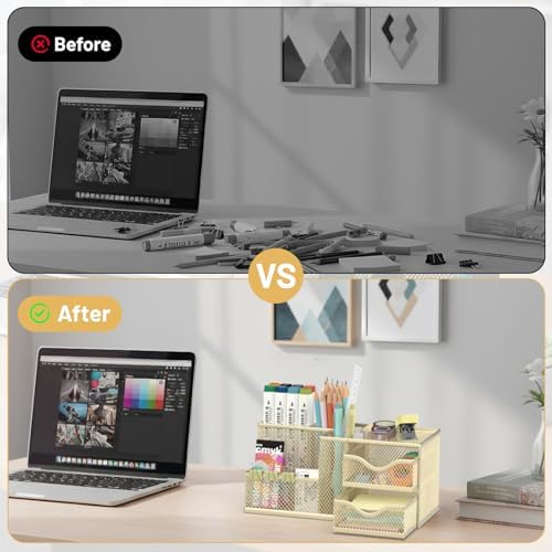 Mesh Desk Organizer with 2 Drawers, Metal Pen Holder for Desk, Gold