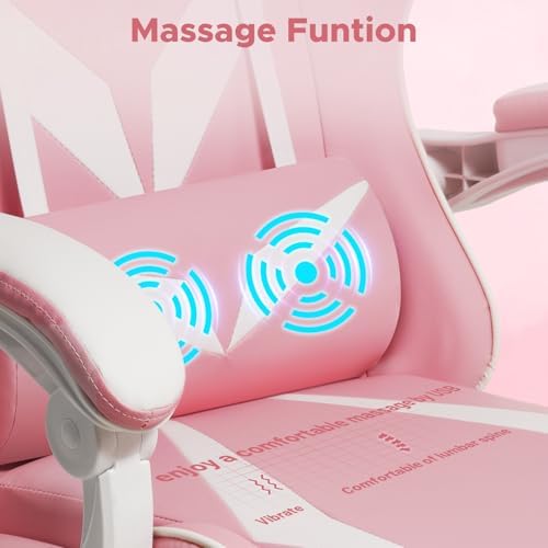 Pink Gaming Chair with Massage Footrest Ergonomic Computer Chair for Girls