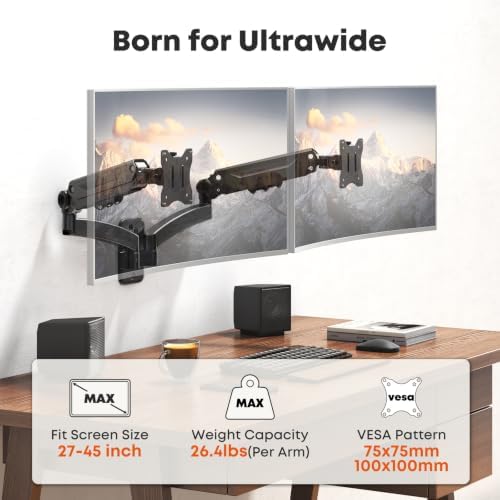 Dual Monitor Wall Mount for 27-45 inch Flat/Curved Computer Screens