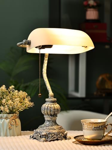 Retro White Matted Glass Bankers Desk Lamp,LED Bulb Included